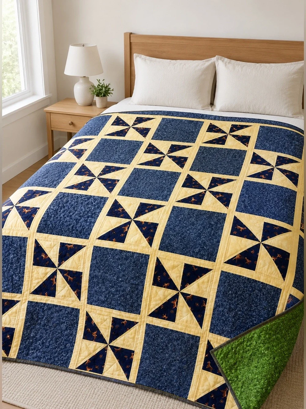 Blue Yellow Pinwheel Patchwork Quilt Dog Print Blanket 80 x 96